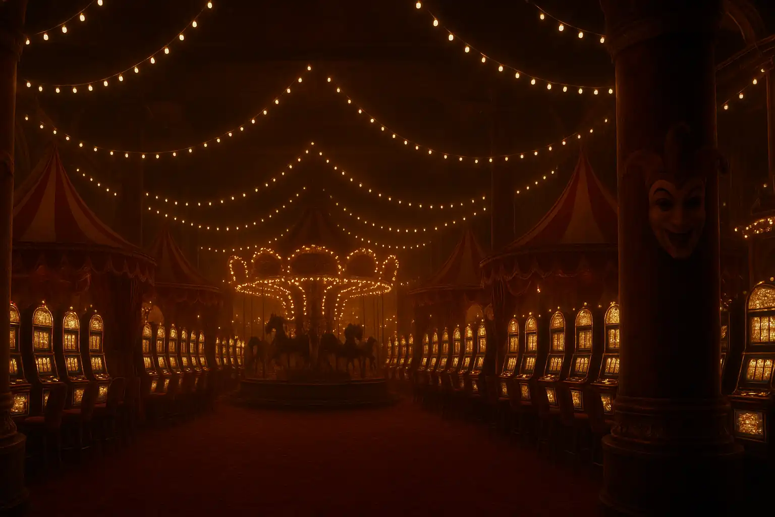 Grand carnival palace casino floor of Jokersino with striped marquees and glowing joker masks