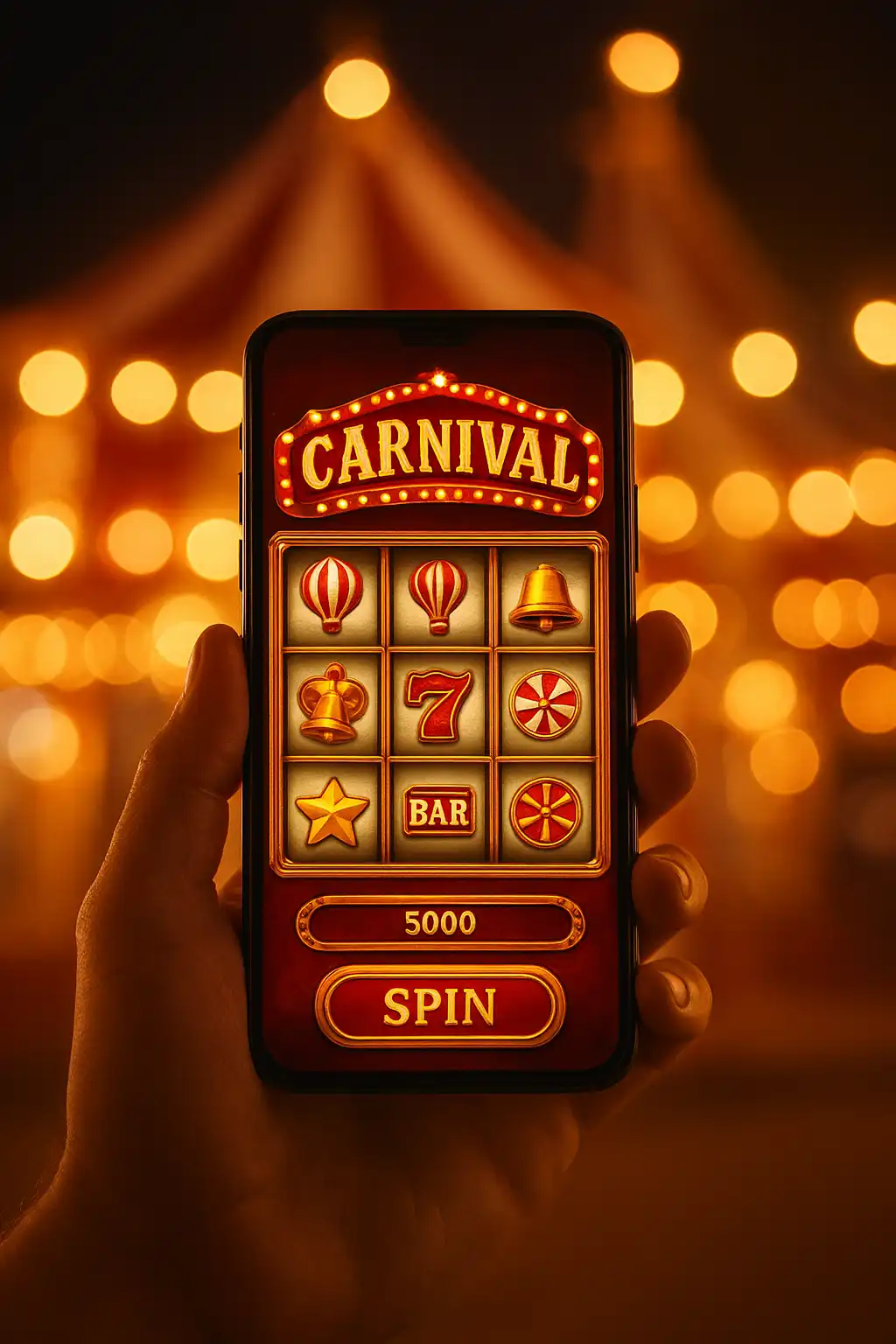 Jokersino mobile app running on a smartphone against a carnival backdrop